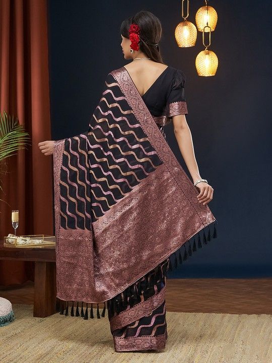 Black Georgette Leheriya Saree With Tassels on Pallu and Stitched Black Blouse