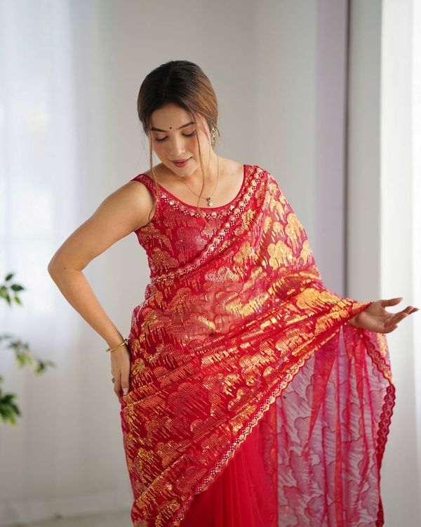 Pink Heavy Sequance Embroidery Work Mono Net Saree