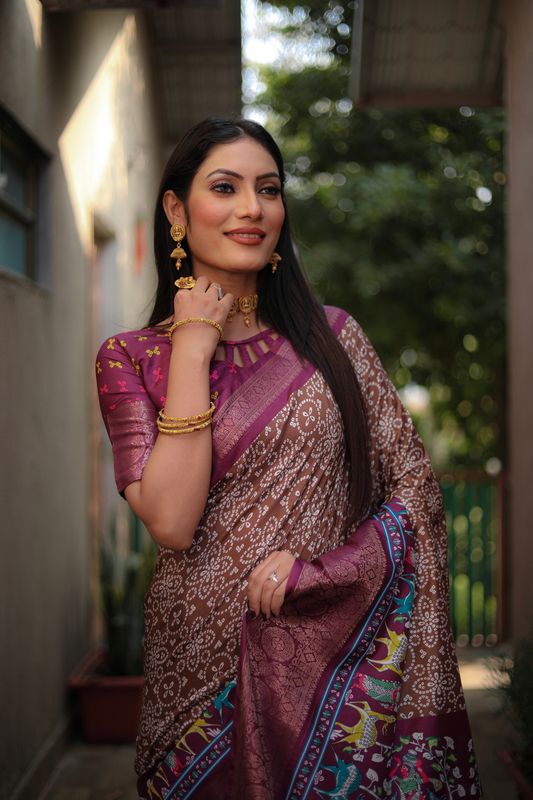 Brown Color Dola Silk Wevon Border Designer Saree With Digital Kalamkari And Bandhej Print
