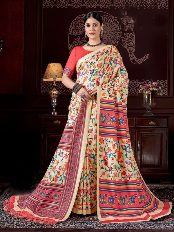 Cream Color Beautiful Designer Digital Printed Pashmina Saree With Shawl