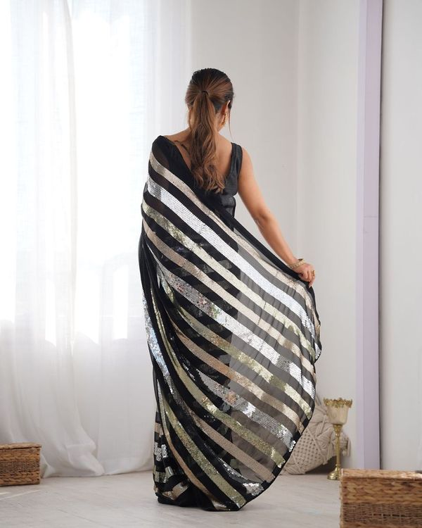 Black Sequance Embroidery Work Border Georgette Saree