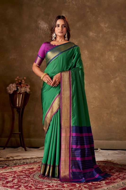 Dark Green Cotton Striped Saree and Stitched Purple Blouse
