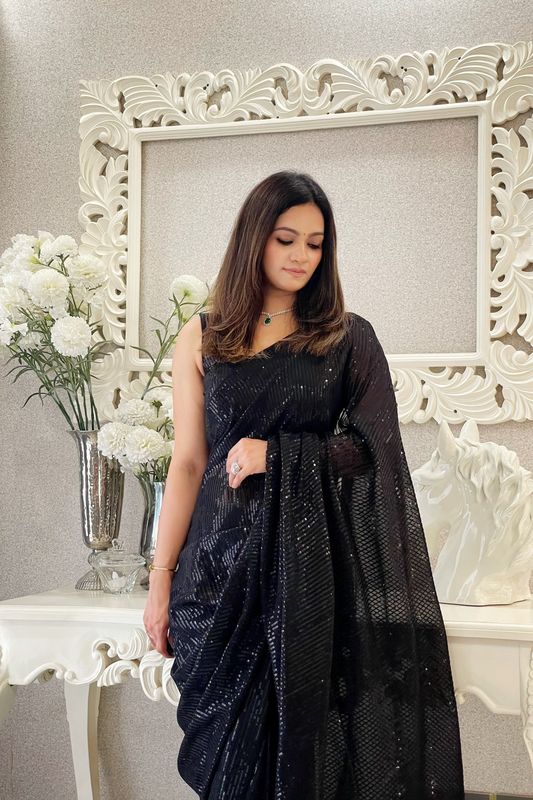 Black Georgette Heavy Sequance Embroidery Work Bollywood Party Style Celebrity Style Girlie Fancy Saree