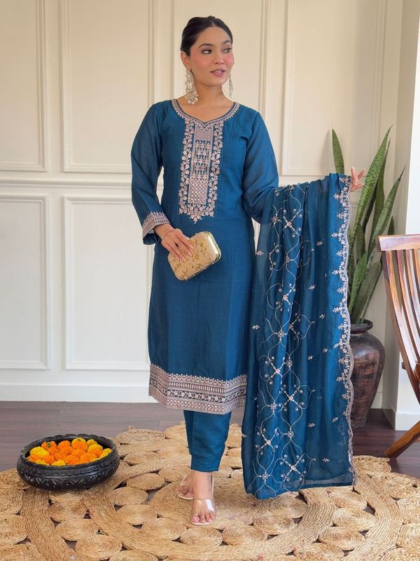 Women Embroidered Straight Kurta with Pant And Printed Dupatta Sets