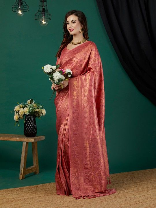Peach Kanjeevaram Woven Saree With Tassels on Pallu and Stitched Peach Blouse