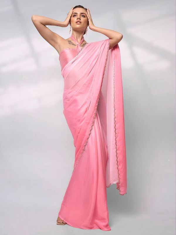 Pink Solid Designer Rangoli Saree