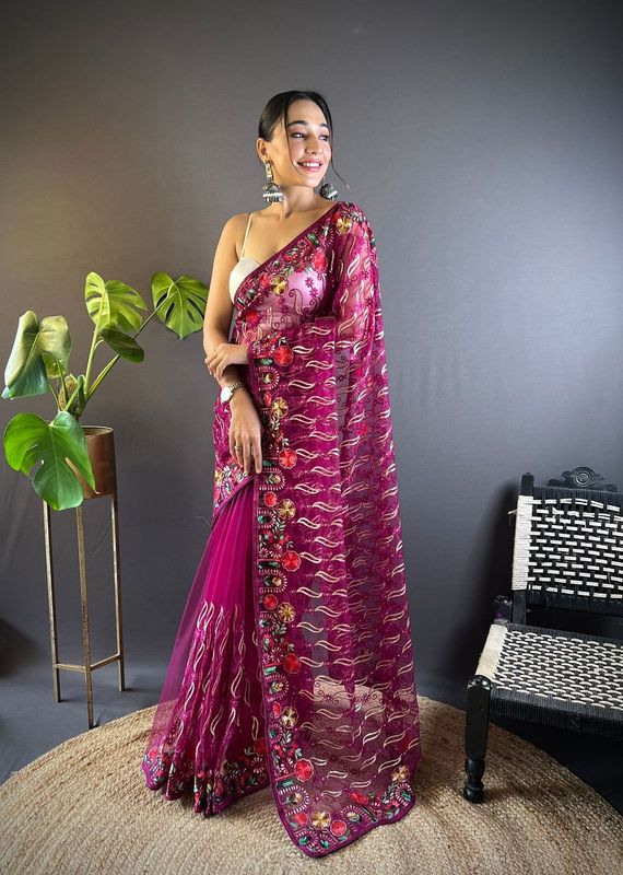 Magenta Multy Thread Embroidery Work Butterfly Net Saree
