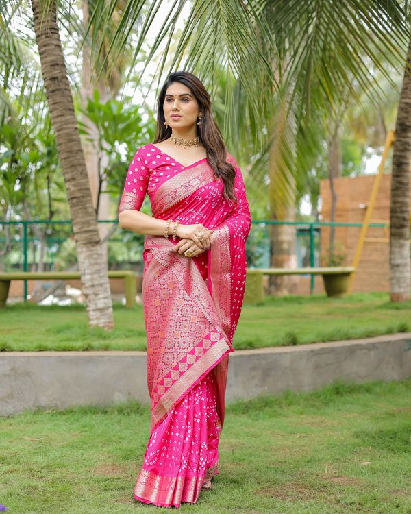 Pink Wevon Designer & Hand Bandhej Dola Silk Saree