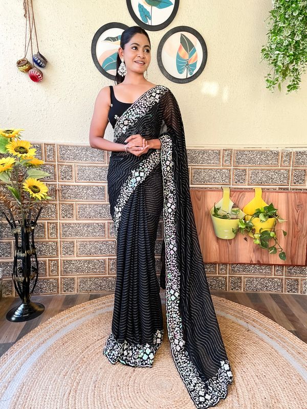 Black Georgette Heavy Sequins Embroidery Work Partywear Graceful Saree