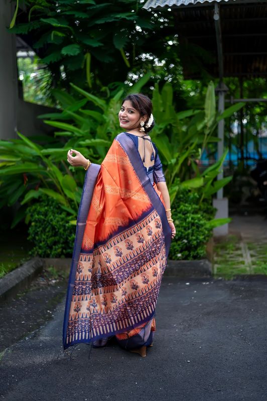 Orange Weaving Jari Designer & Printed Raw Silk Saree