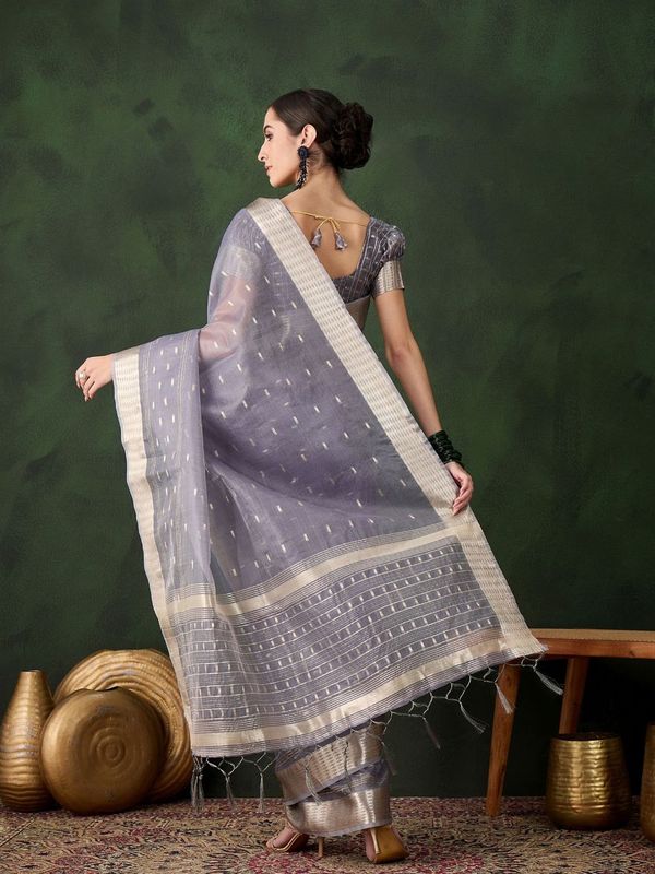 Grey Wevon Jacquard Designer Khadi Organza Saree