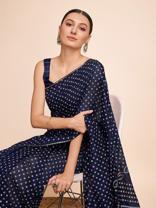 Nevy Blue Weaving Designer & Bandhani Printed Faux Cotton Saree