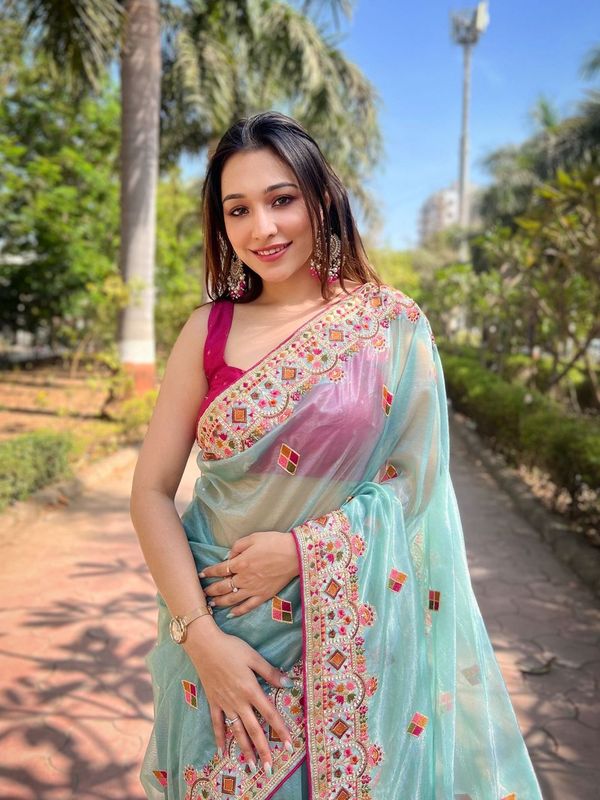 Blue Multy Thread & Jari Embroidery Work Silver Tissue Silk Saree