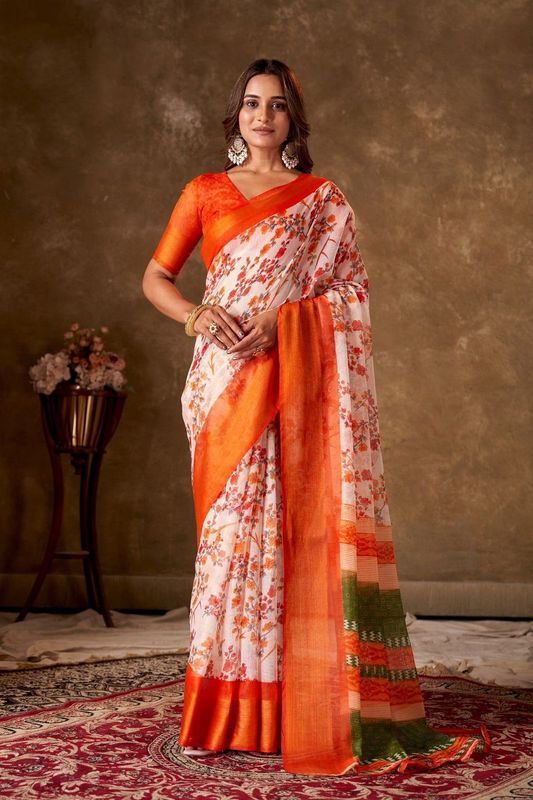Orange Cotton Printed Saree and Stitched Orange Blouse