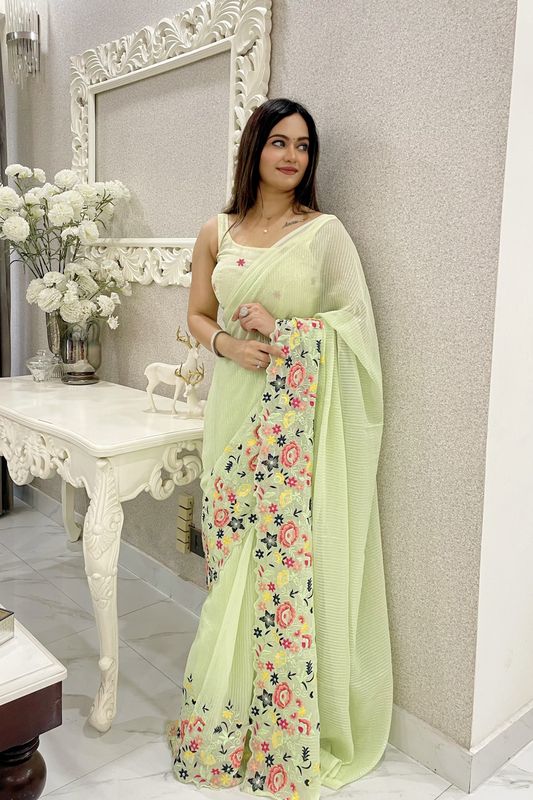 Green Color Shimmer Silk Fabric Girlie Thread And Sequins Embroidery Work Bollywood Saree
