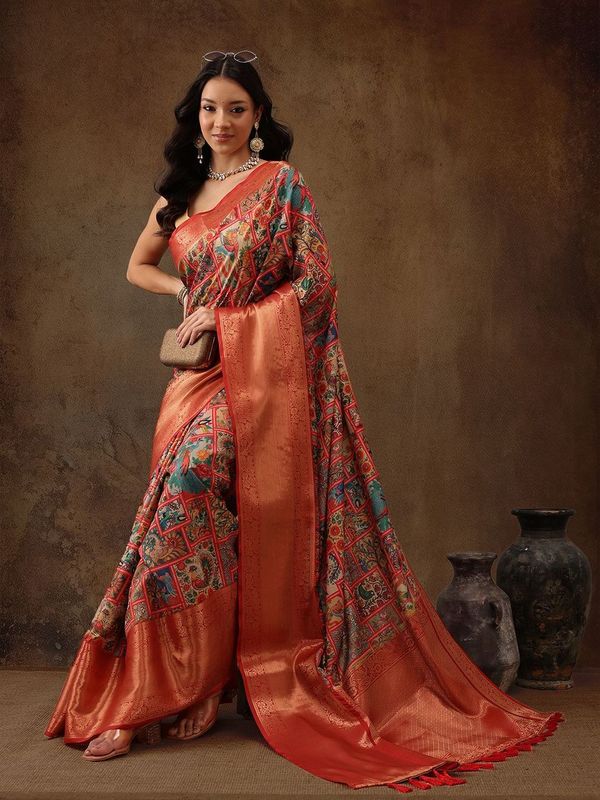 Blue Kanjeevaram Pattu Zari Woven Border Digital Printed Saree