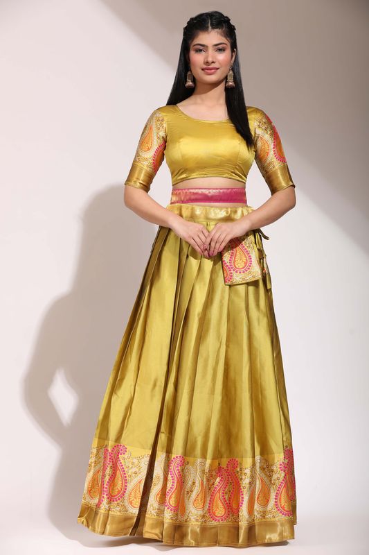 Yellow Lichi Silk Jacquard Work Lehenga