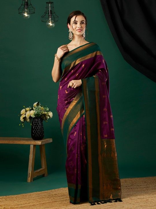 Wine Banarasi Silk Woven Saree With Tassels on Pallu and Stitched Green Blouse