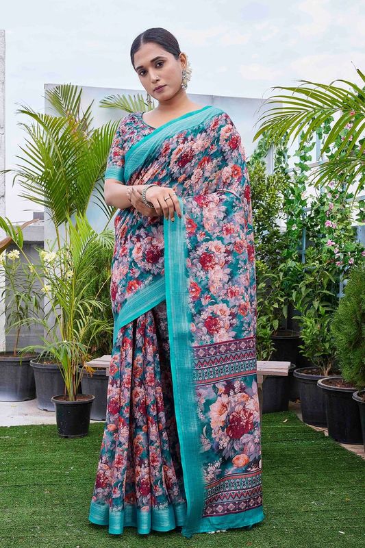 Multy Color Beautiful Fashinove Looks Smart Printed Linen Blend Saree