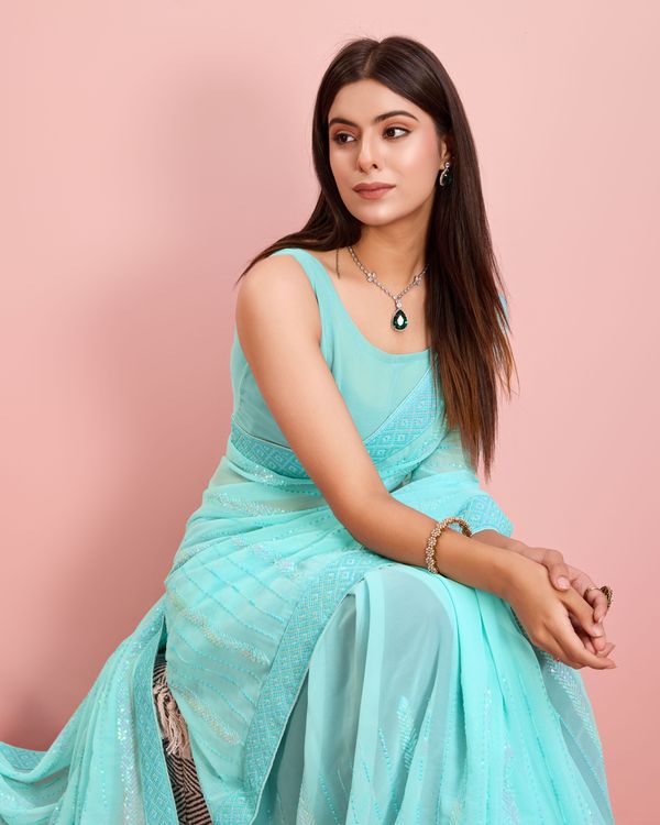 Blue Designer Sequance Embroidery Work Georgette Saree