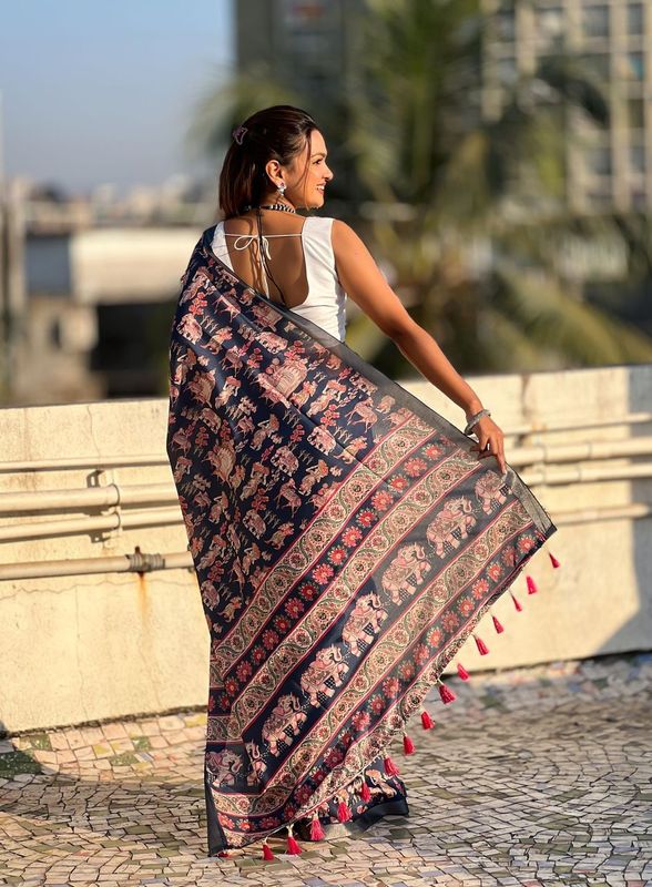 Blue Wevon Jari Border & Designer Digital Printed Tussar Silk Saree