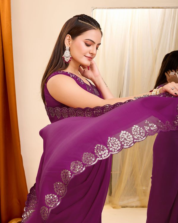 Wine Designer Sequance Embroidery Work Georgette Saree
