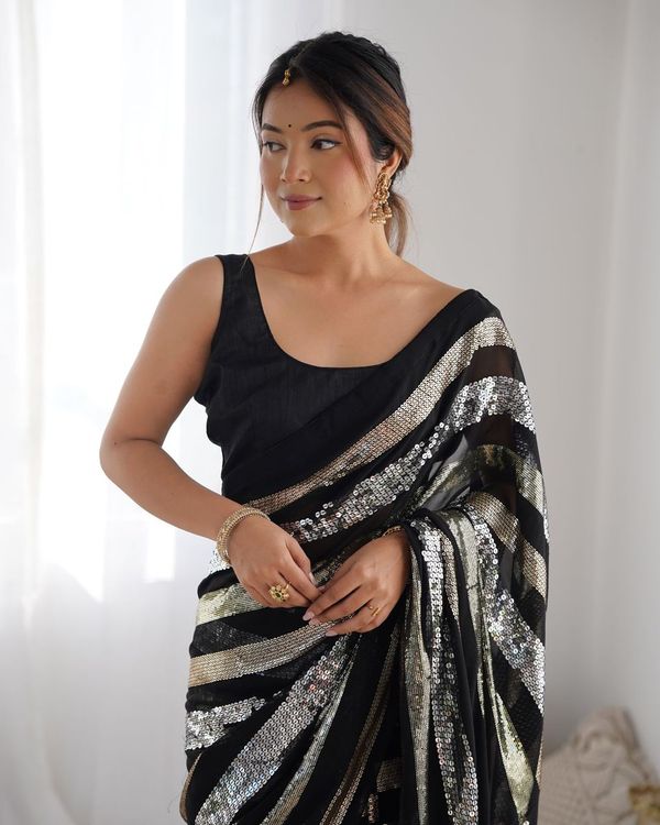 Black Sequance Embroidery Work Border Georgette Saree