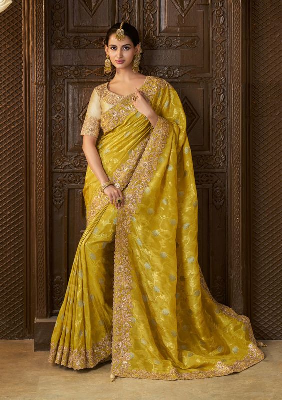 Lemon Yellow Wevon Jacquard Designer Embroidery Work Viscose Tissue Saree