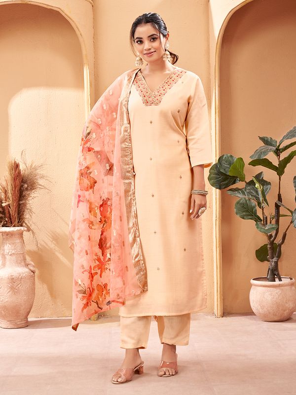 Cream Embroidered Kurta Sets