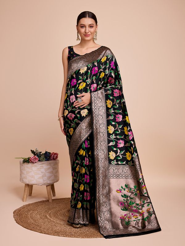 Black Weaving Meenakari Designer Paithani Silk Saree