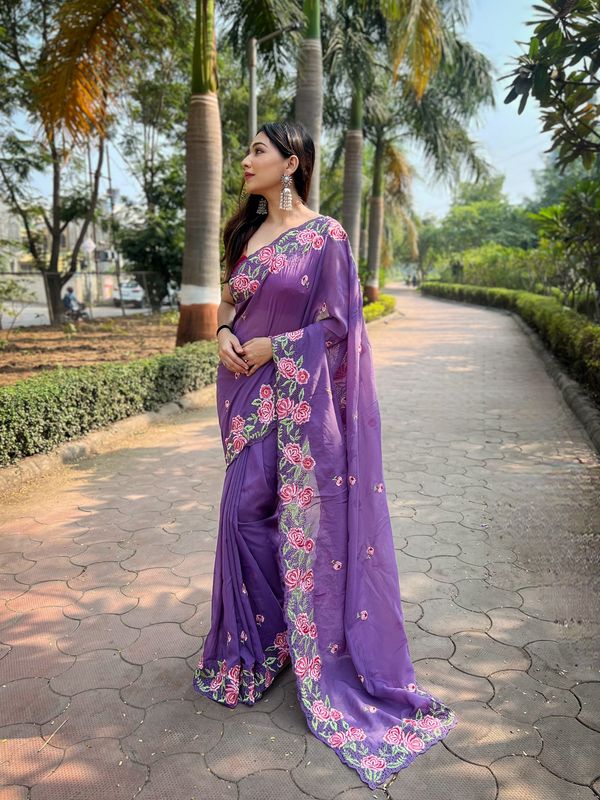 Purple Designer Thread Embroidery Work Organza Saree