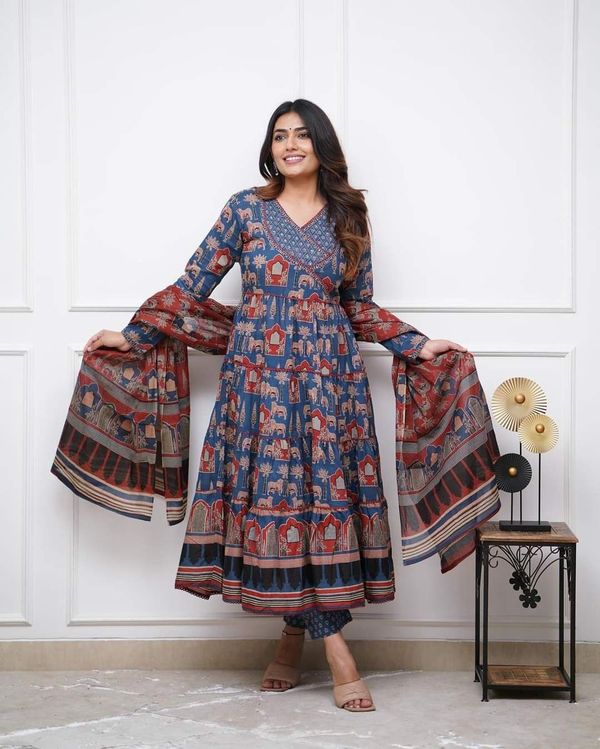 Blue Cotton A-Line Kurta, Anarkali Kurta