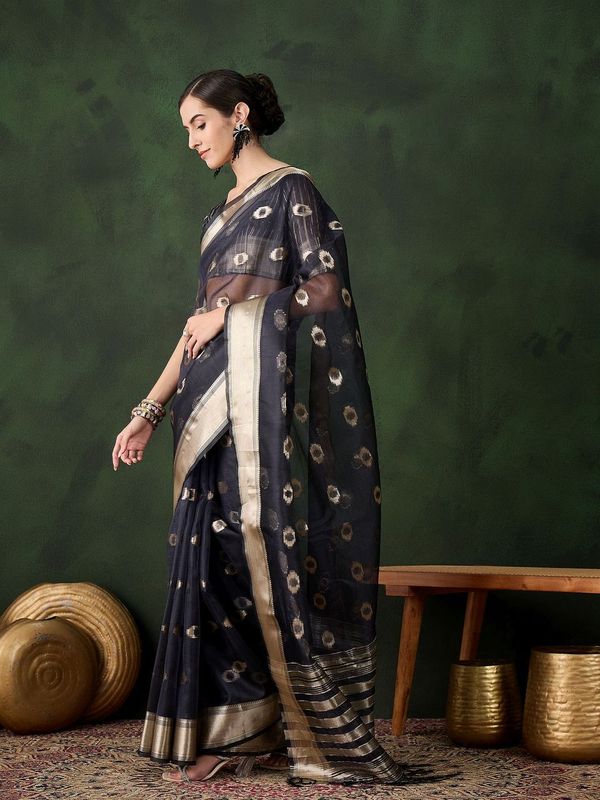 Nevy Blue Wevon Jacquard Designer Khadi Organza Saree