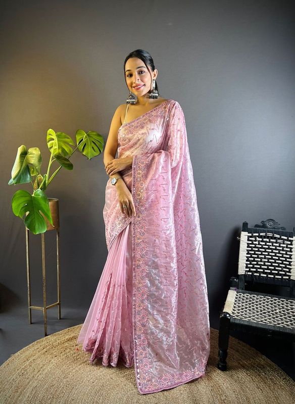Pink Thread & Sequance Embroidery Work Twill Net Saree