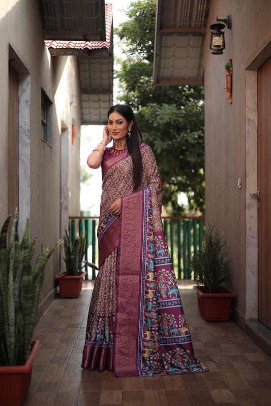 Brown Color Dola Silk Wevon Border Designer Saree With Digital Kalamkari And Bandhej Print
