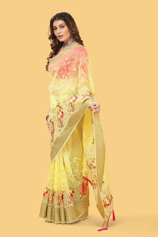 Yellow Wevon Jari Patta & Embroidery & Stone Work Organza Silk Saree