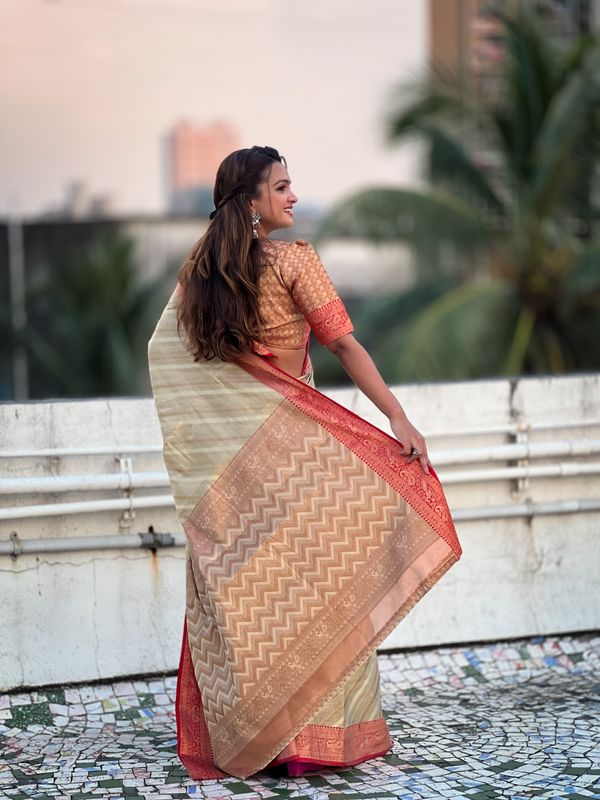 Grey Wevon Laheriya Designer Jari Tissue Saree
