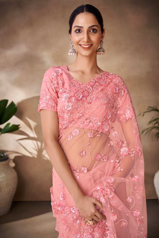 Peach Thread & Sequance Embroidery & Zarkan Work Net Saree
