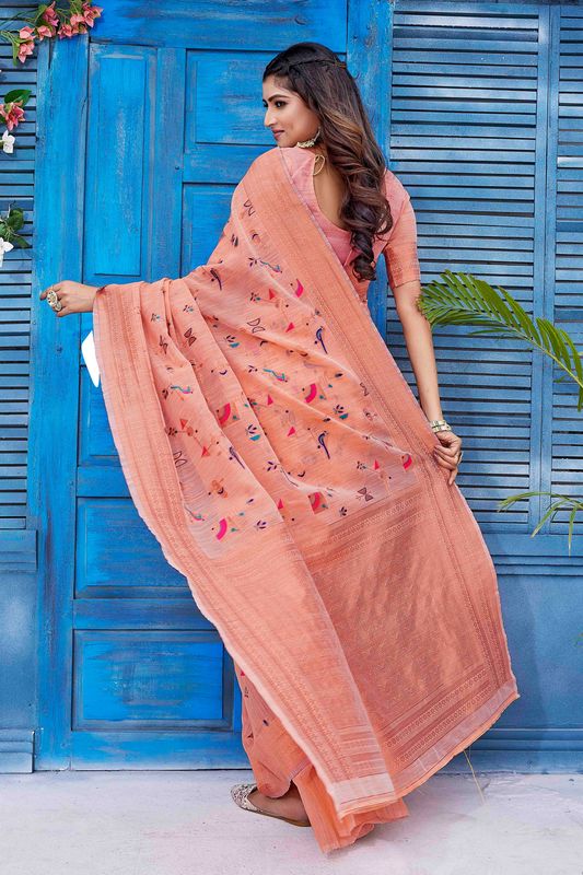 Rust Color Ethnic Linen Fabric Graceful Festive Saree With Wevon Jacquard Designer