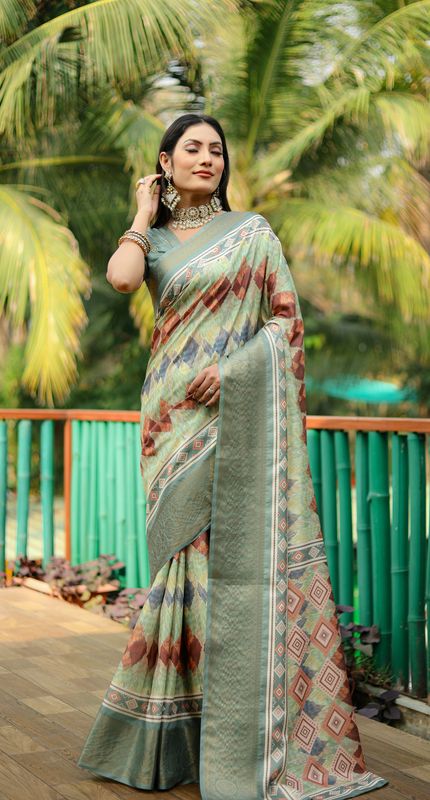 Grey Dola Silk Wevon Designer Heavy Ethnic Saree With Trendy Digital Printed