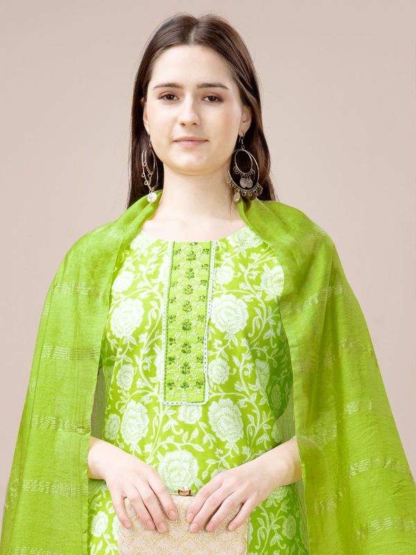 Parrot Green Color Rayon Fabric Designer Printed Readymade Suits With Smart Embroidery Work