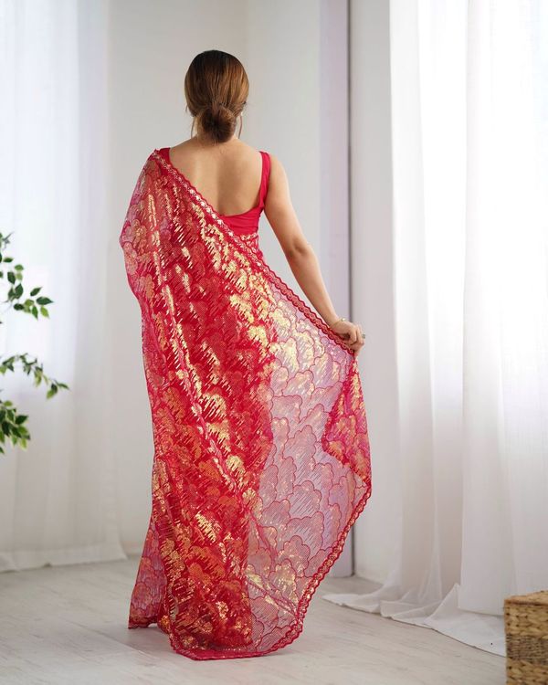 Pink Heavy Sequance Embroidery Work Mono Net Saree