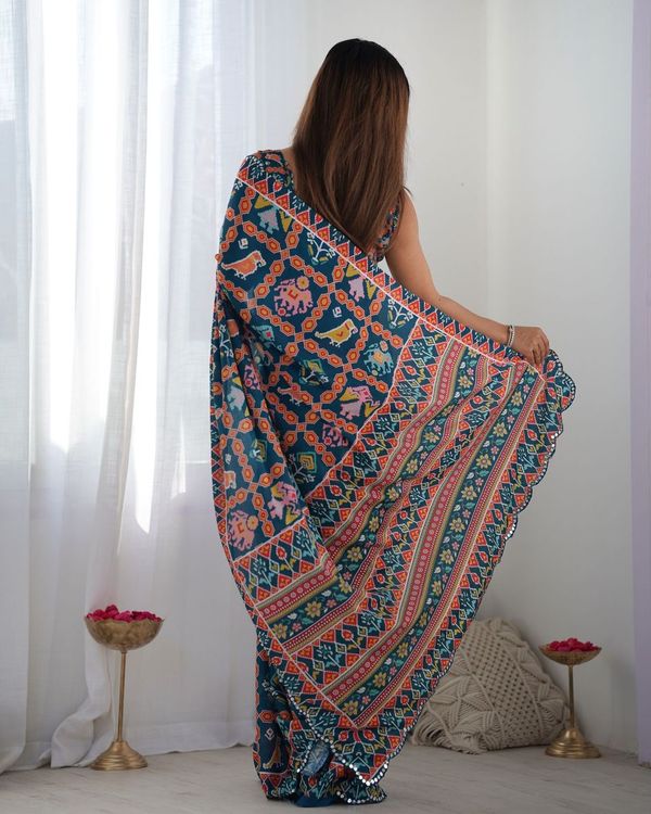 Nevy Blue Designer Digital Printed & Mirror Cut Work Chinon Saree