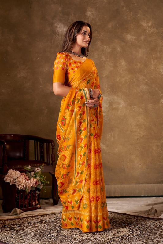 Yellow Cotton Printed Saree and Stitched Yellow Blouse