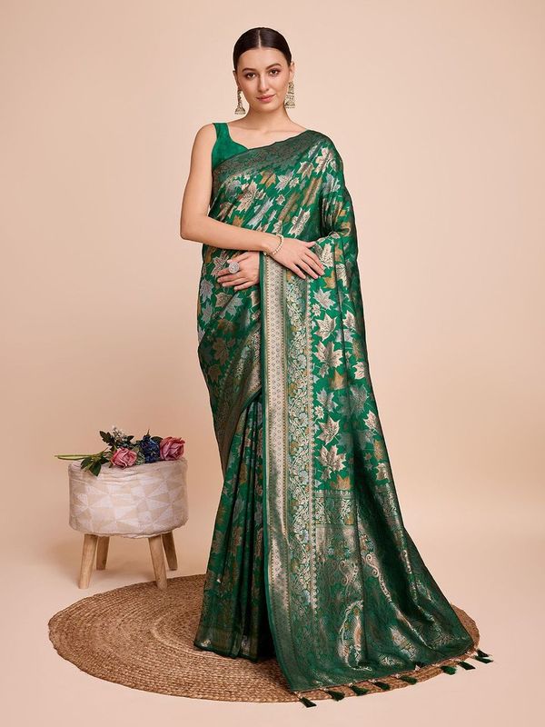 Green Weaving Copper Jari Designer Handloom Silk Saree
