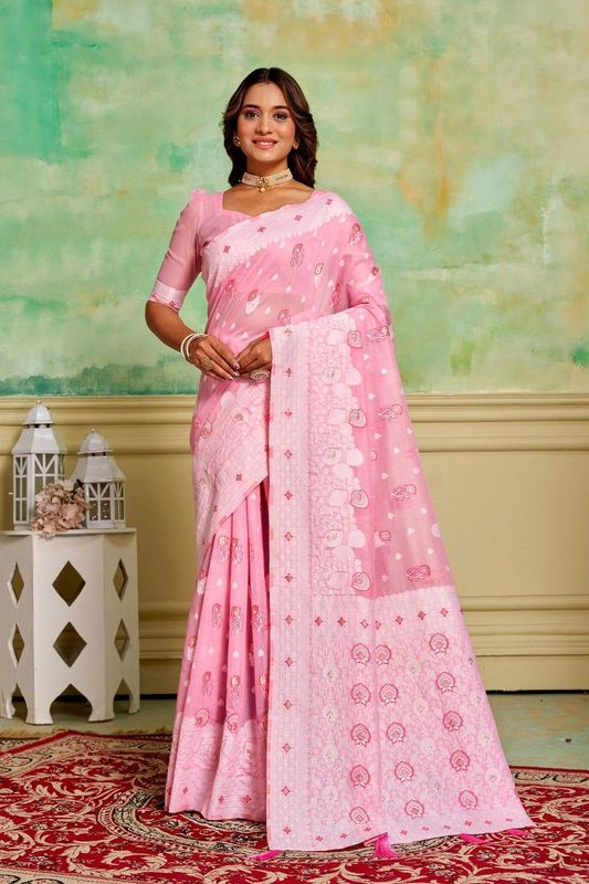 Pink Cotton Woven Saree With Tassels on Pallu and Stitched Pink Blouse