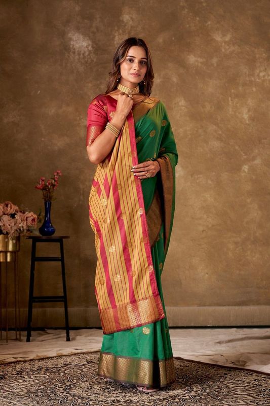 Green Cotton Woven Saree and Stitched Pink Blouse