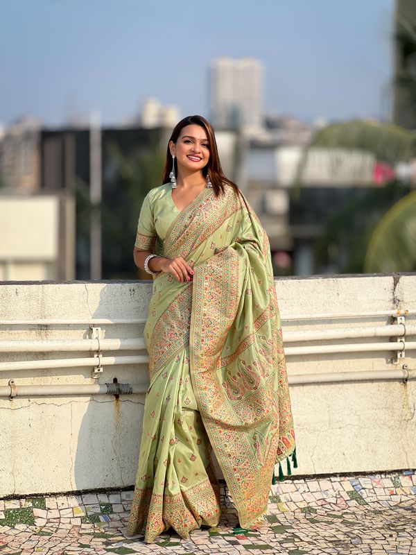 Pista Wevon Kashmiri Meenakari Designer Pashmina Silk Saree