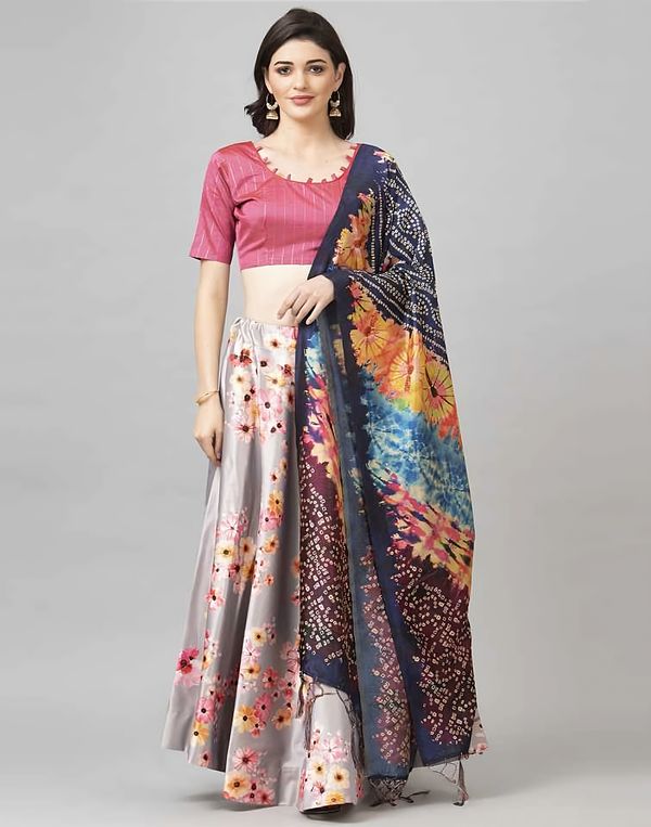 Digital Print Satin Silk Fabric Stitched Lehenga Choli With Jequared Blouse and Assami Silk Thread Work Dupatta For Women and Girls In Festive Party And Traditional Wear