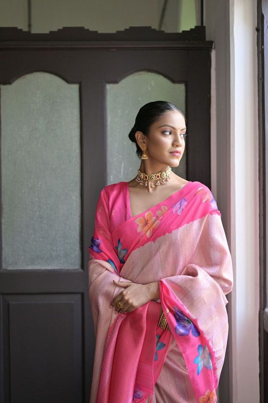 Beautiful Pink Color Soft Silk Classy Rich Woven Printed Saree